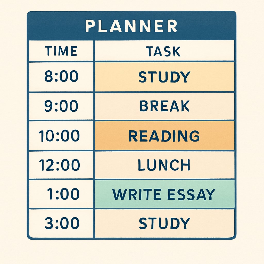 A planner with clearly marked time blocks and study tasks, representing time management strategies. A time management planner for students balancing dual degrees.