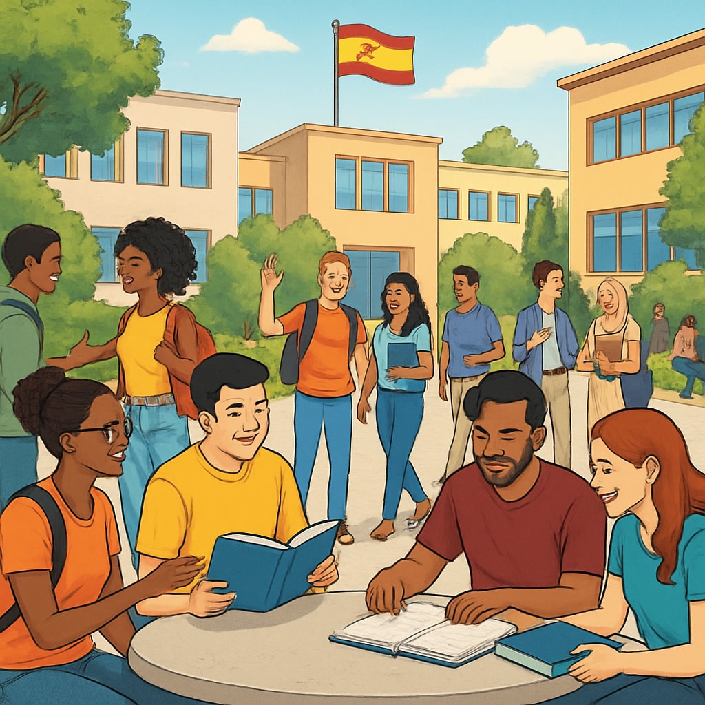 Students at a university campus in Spain, discussing and interacting.