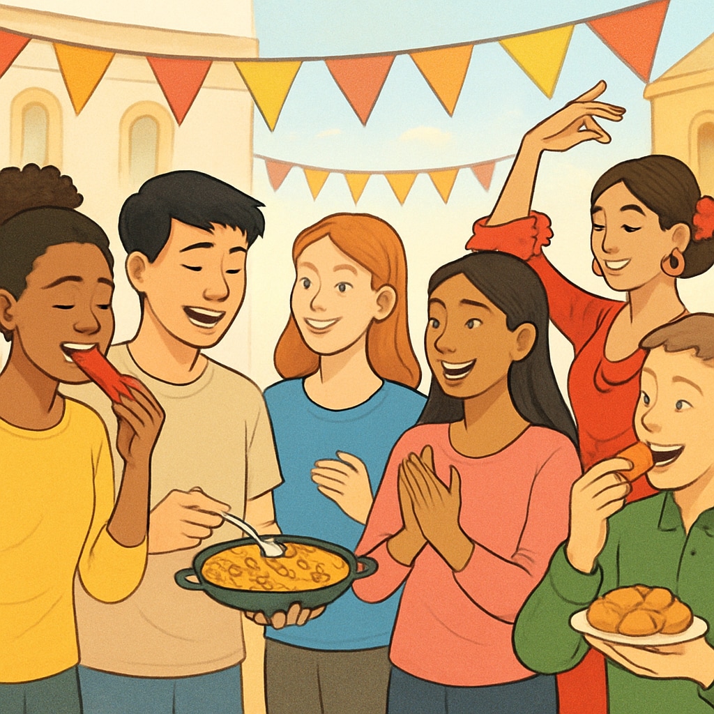 International students at a Spanish festival, participating in cultural activities.