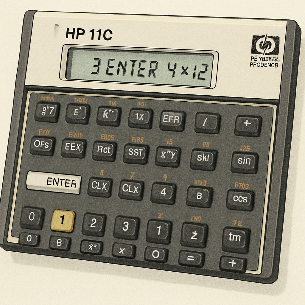 HP 11C calculator with RPN input buttons.