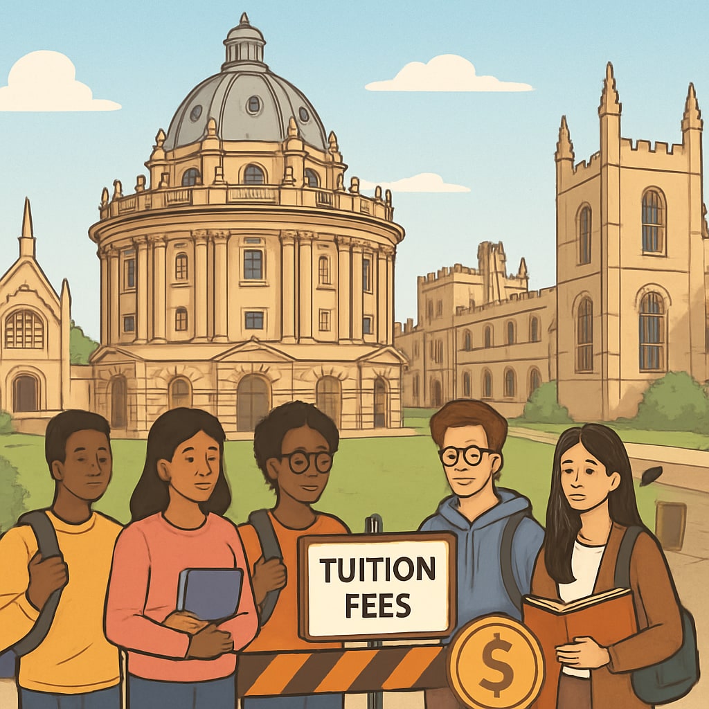 Oxford University campus highlighting immigrant students' struggles with high tuition fees.