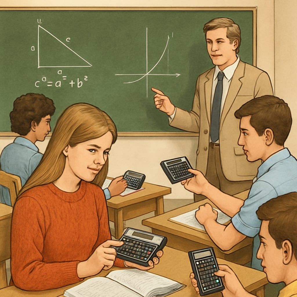 Students using HP 11C calculators in a math class.