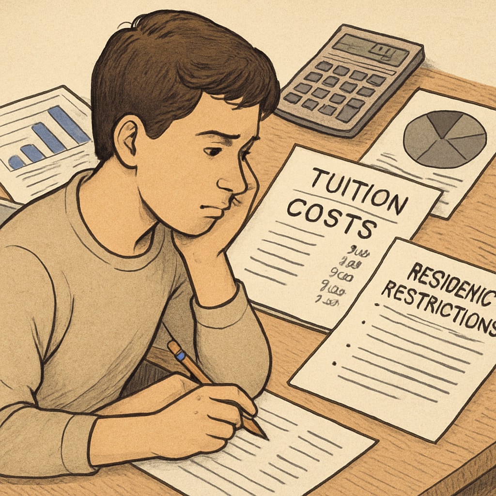 Student reviewing financial documents, representing tuition and residency struggles for immigrant students.