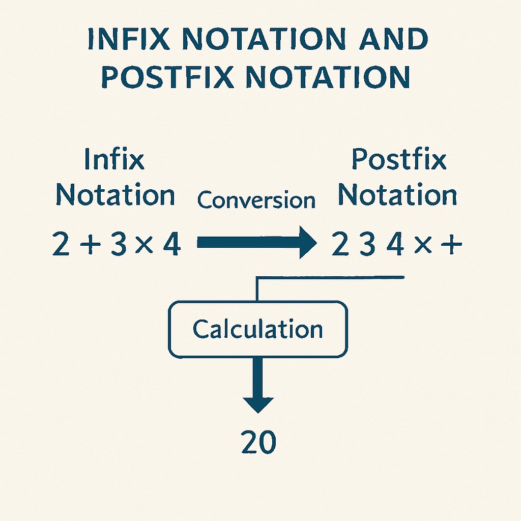 A technical diagram illustrating the difference between infix and postfix notation in mathematical calculations. Diagram comparing RPN calculators with standard calculators using infix and postfix notation.