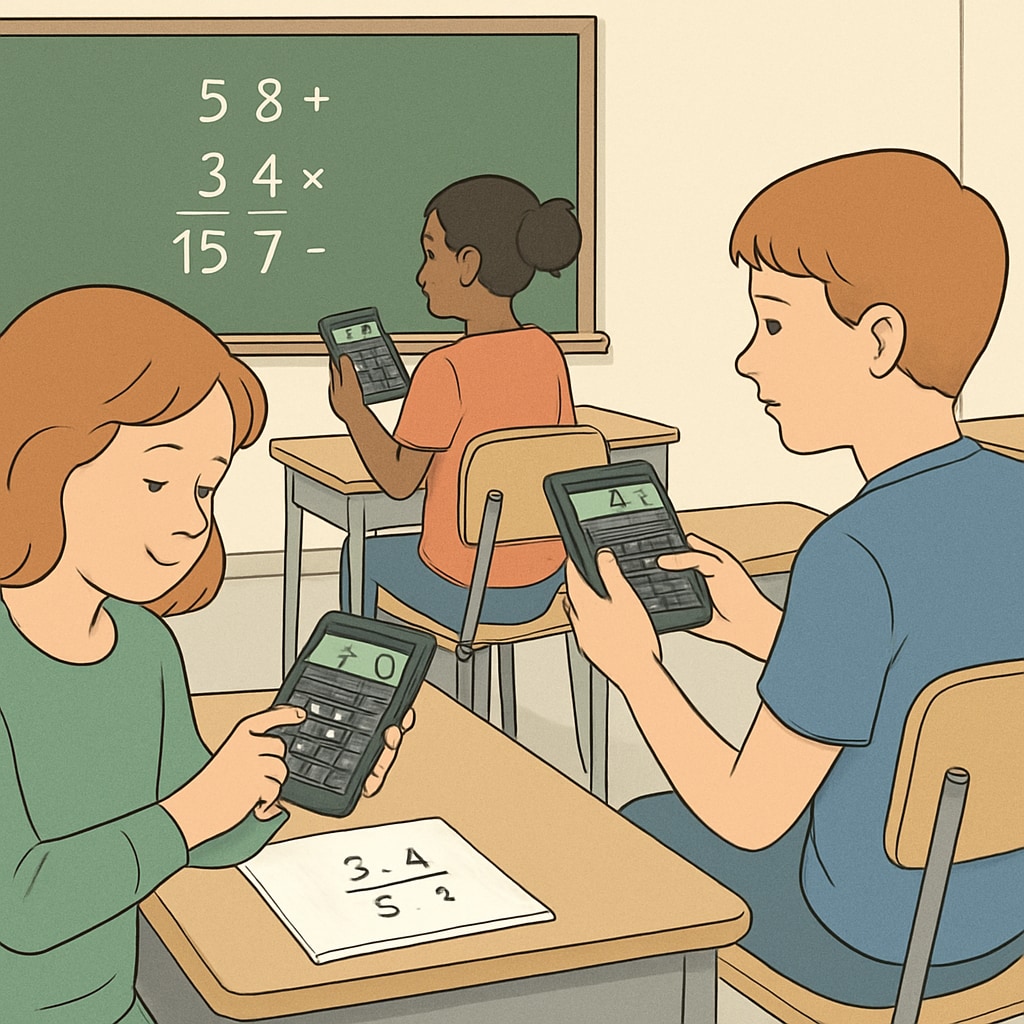 A classroom setting where students are using RPN calculators to solve mathematical problems. Students in a classroom using RPN calculators for math exercises.