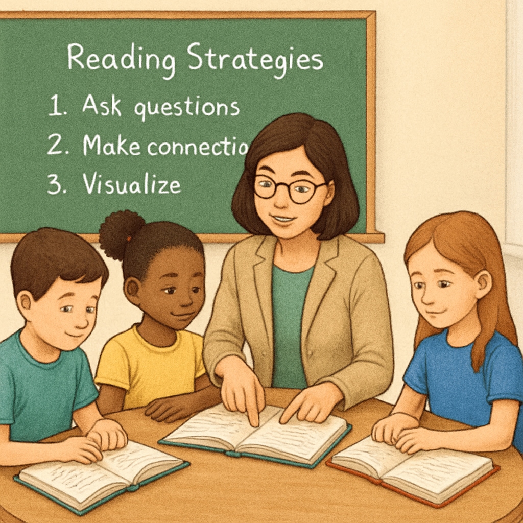 Teacher leading a guided reading session in a fifth-grade classroom.
