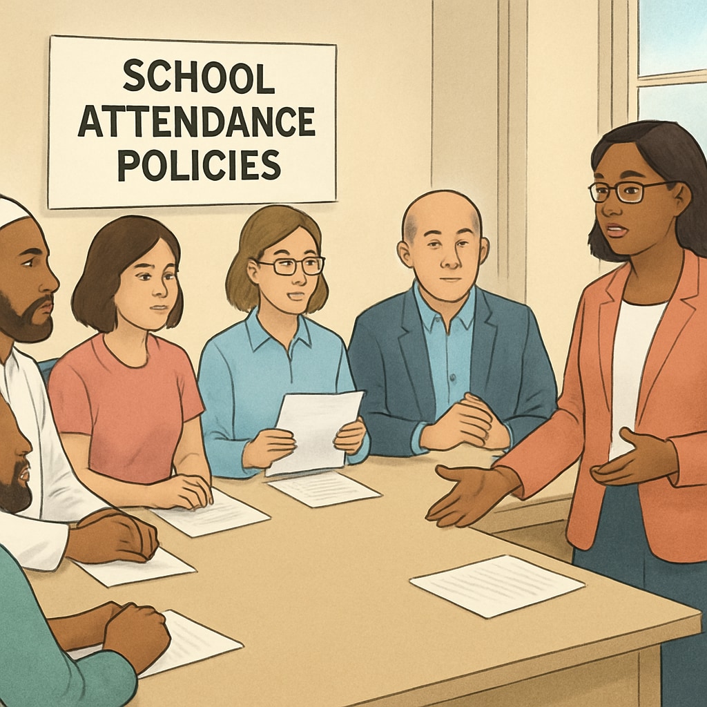 Community meeting on school attendance policies, involving religious groups.