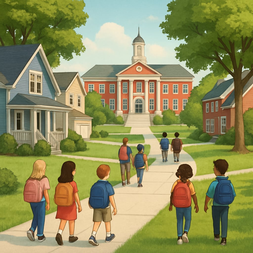Suburban neighborhood near a top-ranked school district with families walking.