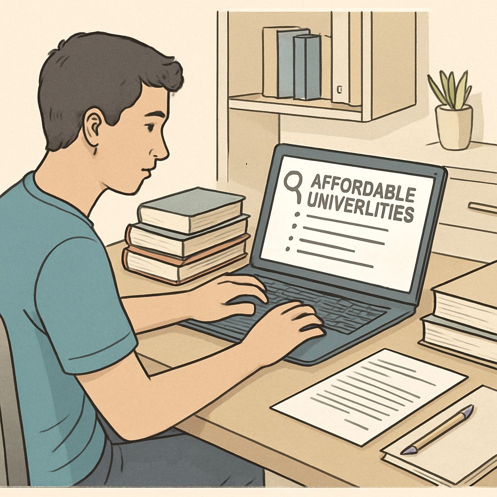 A student researching affordable universities on a laptop, surrounded by books and paperwork, symbolizing the search for budget-friendly options. Student researching universities with AS level qualifications and low tuition fees.