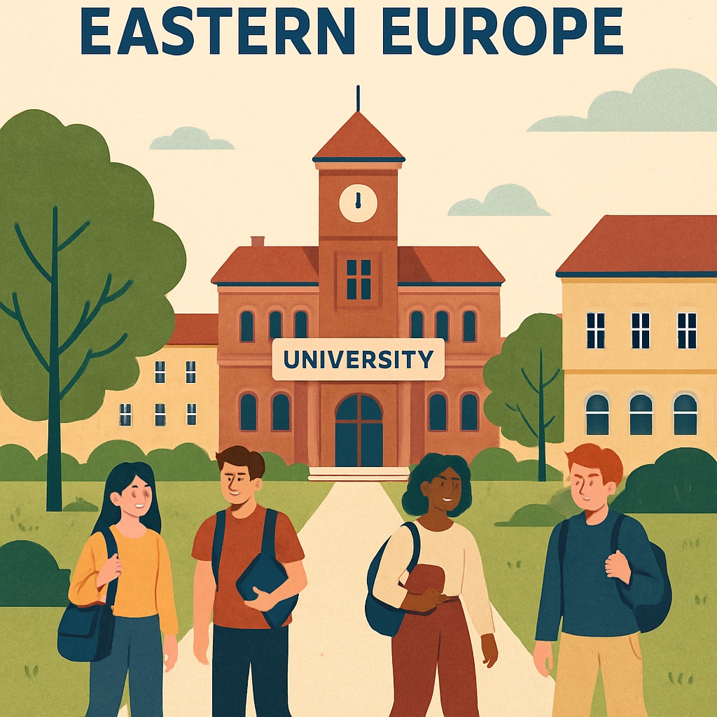 An affordable university campus in Eastern Europe with students walking on a pathway, representing international university options. Eastern European university campus for AS level students with budget-friendly fees.