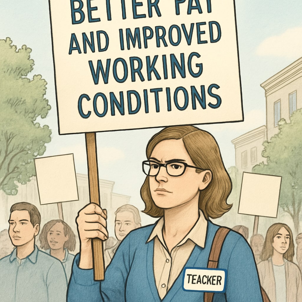 Teacher holding a protest sign during 