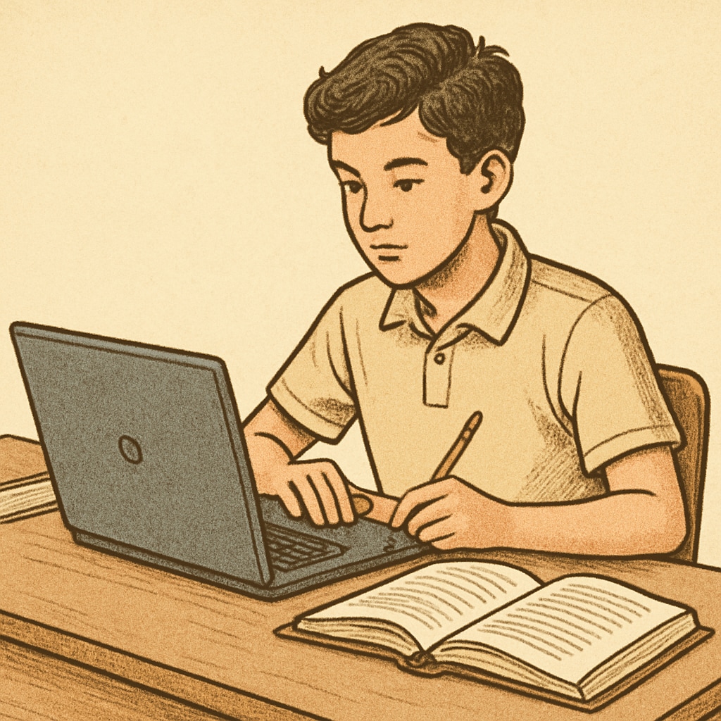 A high school student studying online at a desk, representing virtual learning options. High school student engaging in Khan World School and ASU’s dual credit program.