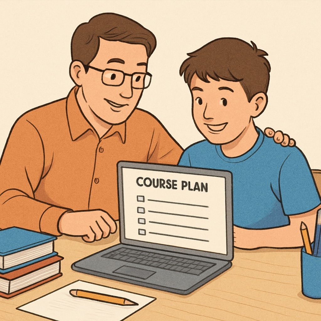A parent and student reviewing a course plan on a laptop, emphasizing family collaboration in education. Parent and student exploring Khan World School and ASU dual credit courses.