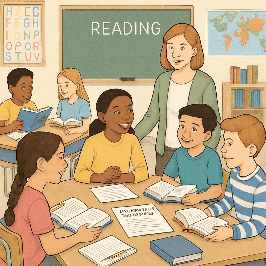 A classroom of fifth-grade students engaged in a collaborative reading activity, with books and discussion prompts visible. Fifth-grade students collaborating during a reading exercise.