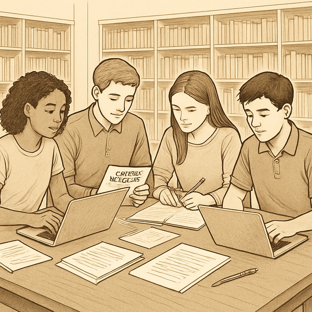 A group of high school students working on college applications together at a library. They appear focused and engaged, with laptops and papers spread out on the table. High school students collaborating on college applications.