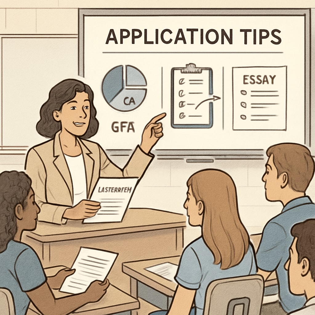 A college advisor discussing application tips with a group of students in a classroom setting. The advisor uses visual aids like charts and handouts. College advisor providing guidance on applications to a group of students.