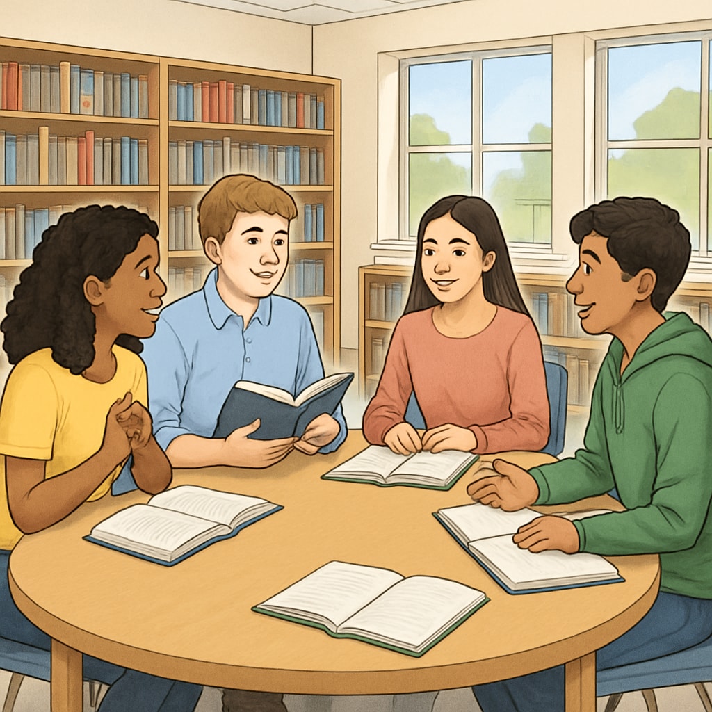 Fifth-grade students engaging in interactive reading methods like literature circles.
