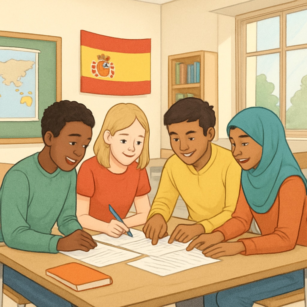 International students in a Spanish classroom engaging in group work to promote adaptability.