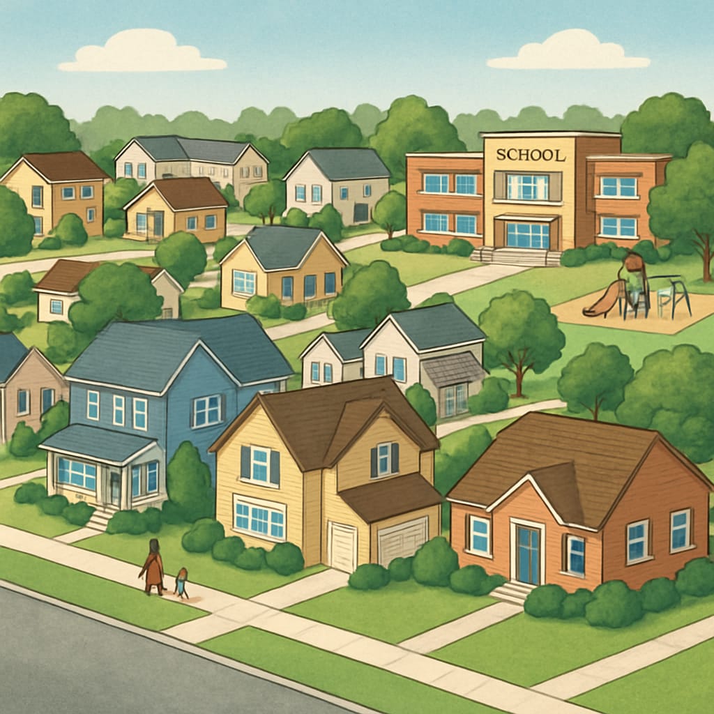 A suburban neighborhood with homes located within a high-ranking school district, showcasing family-friendly streets and proximity to educational facilities. Homes in a top-rated school district highlighting the connection between education quality and real estate demand.