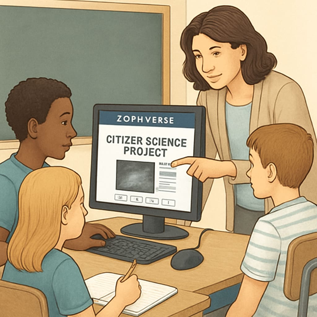 A teacher guiding students through a Zooniverse citizen science project on a computer, highlighting collaborative learning in a classroom setting. Teacher and students using Zooniverse for a citizen science project in class.