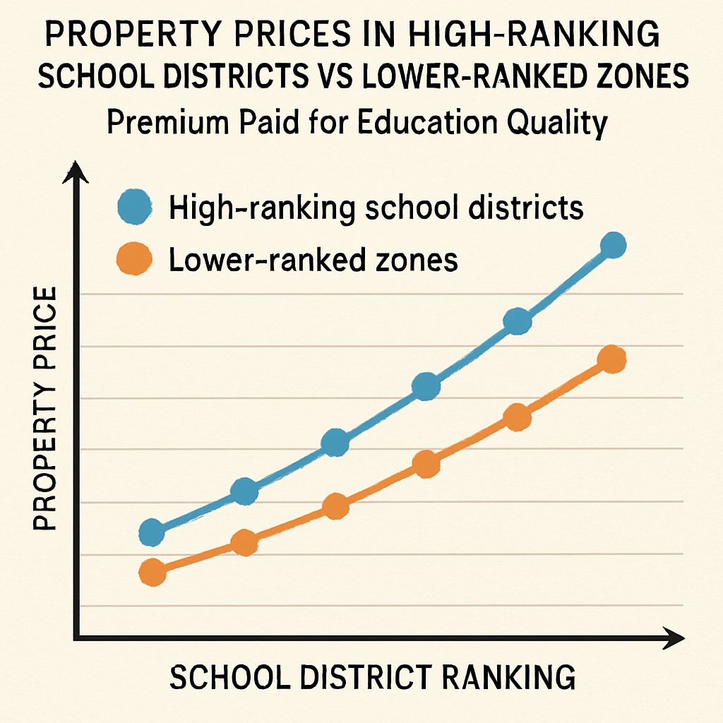 A graph comparing property prices in high-ranking school districts versus lower-ranked zones, emphasizing the premium paid for education quality. Graph illustrating the financial impact of school district rankings on real estate.