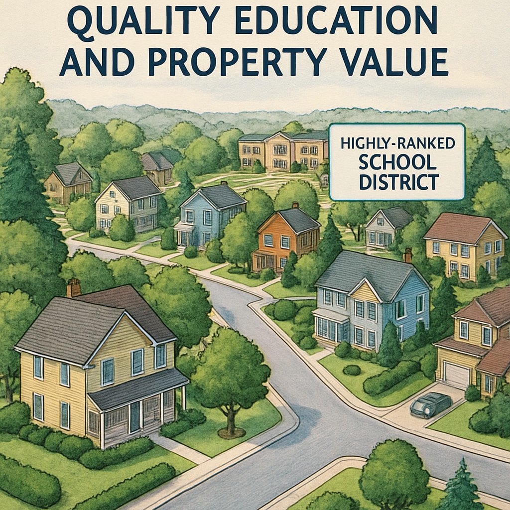 A neighborhood featuring well-maintained homes within a high-ranking school district, illustrating the connection between education and property value. A high-ranking school district neighborhood emphasizing education and property value.