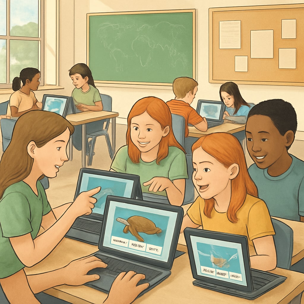 Students working in groups on laptops to classify animal species on Zooniverse, showcasing teamwork and engagement in a modern classroom. Students collaborating on a Zooniverse project in a classroom setting.
