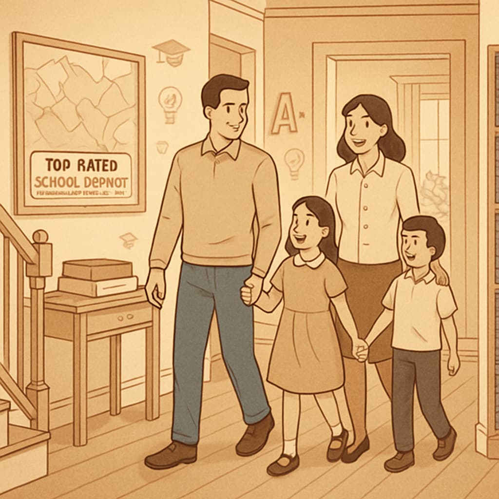 A family walking through a home in a top-rated school district, symbolizing the decision-making process between real estate and education. A family evaluating a home in a top-rated school district.