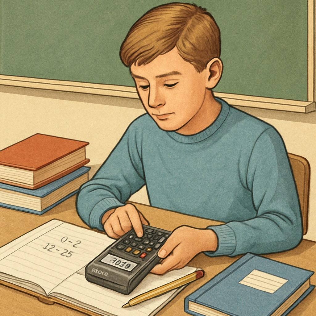 A student solving math problems with an RPN calculator, demonstrating Reverse Polish Notation.