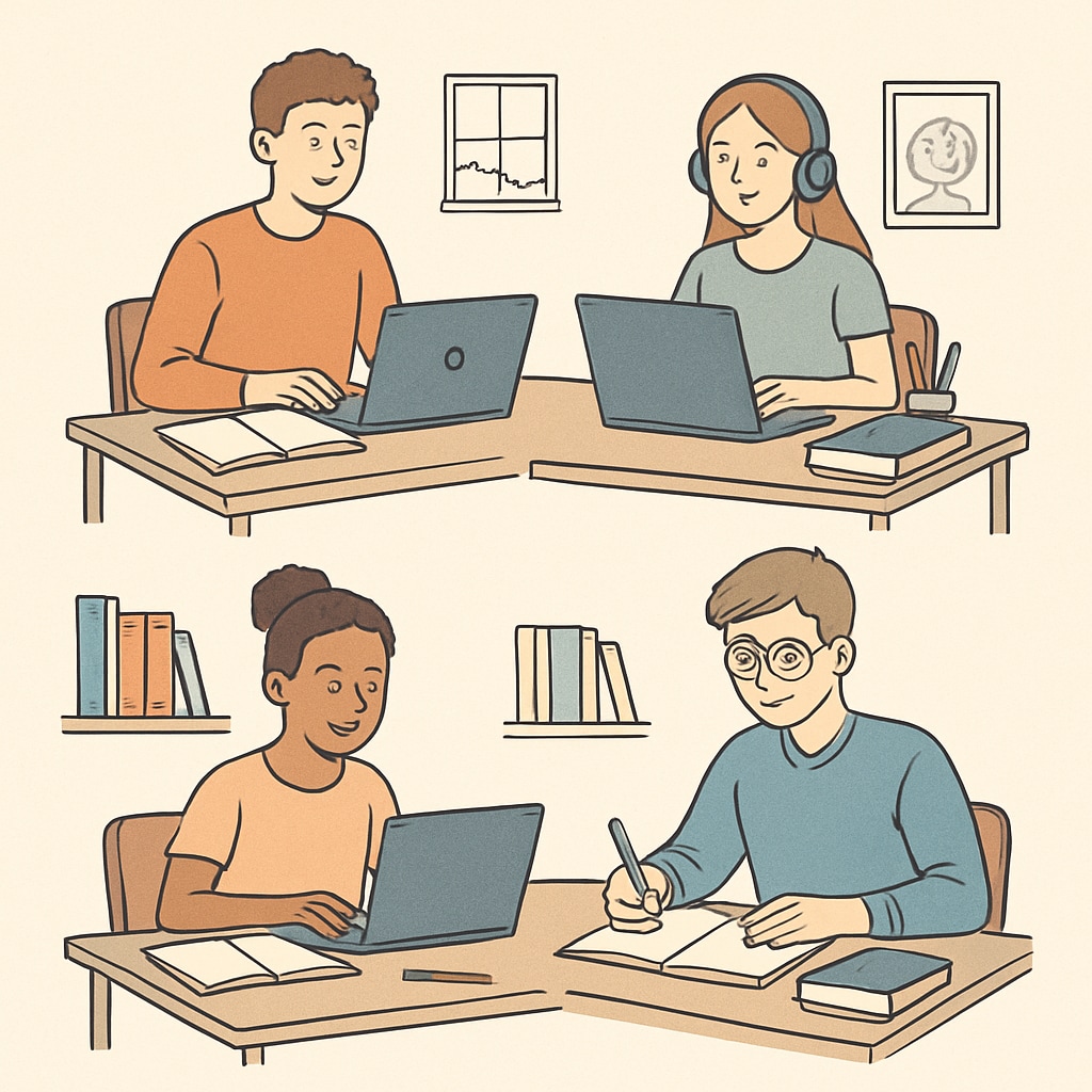A group of students engaged in online learning at home, representing flexible study options. Students participating in online learning, highlighting flexible education through Khan World School and ASU dual enrollment.