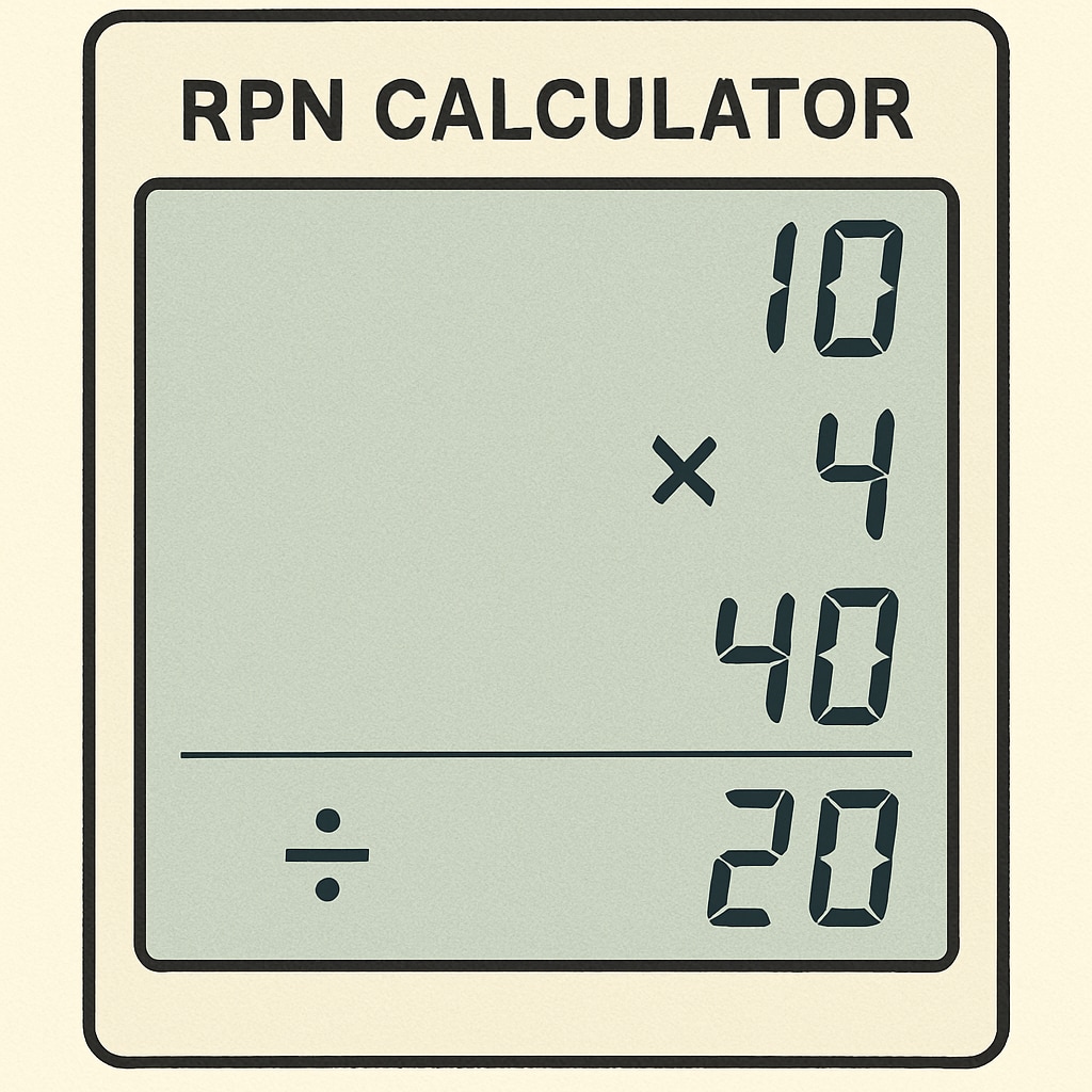 Close-up of an RPN calculator screen illustrating a sequential computation in Reverse Polish Notation.