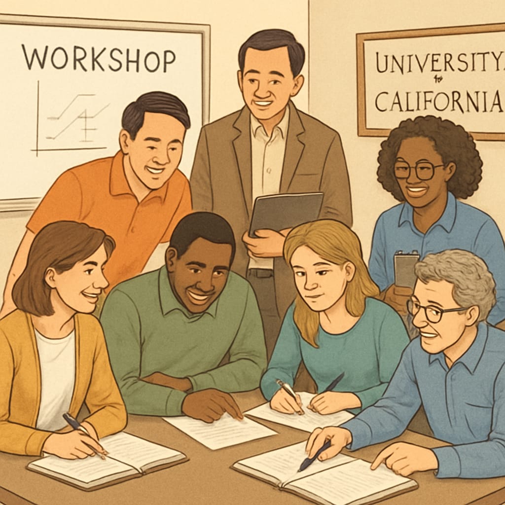 K12 teachers and University of California professors collaborating in a workshop.