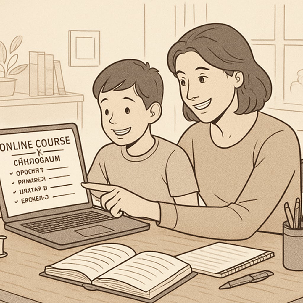 A parent and child reviewing an online course curriculum together, emphasizing parental involvement in education. Parent and child exploring course materials, illustrating the importance of family support in homeschooling and online learning.