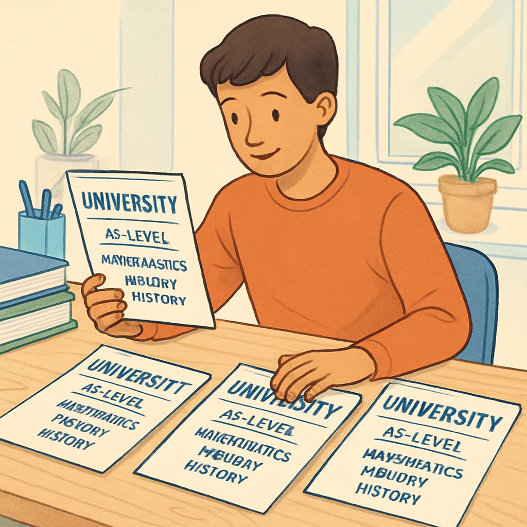 A student looking at university brochures with AS-level qualifications displayed prominently. The image should depict a positive and hopeful atmosphere, emphasizing academic exploration. Student reviewing university brochures for AS-level qualification admissions
