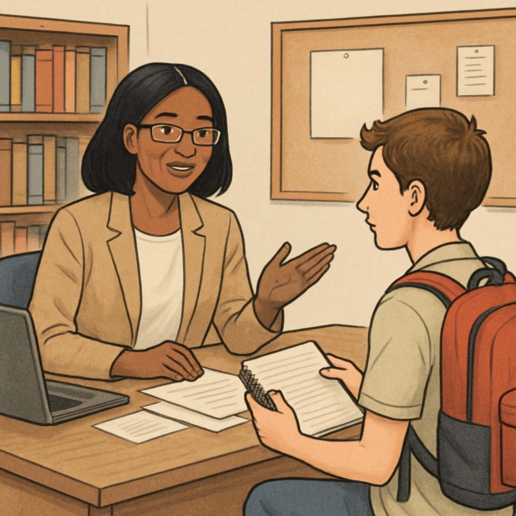 School counselor giving advice on college preparation to a high school freshman.