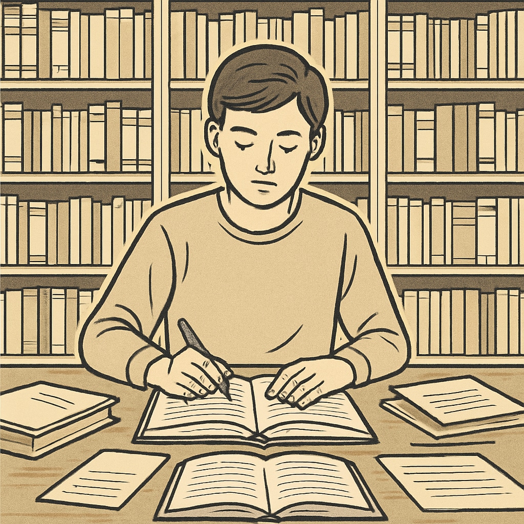 An individual in a library setting, illustrating self-education and bridging knowledge gaps.