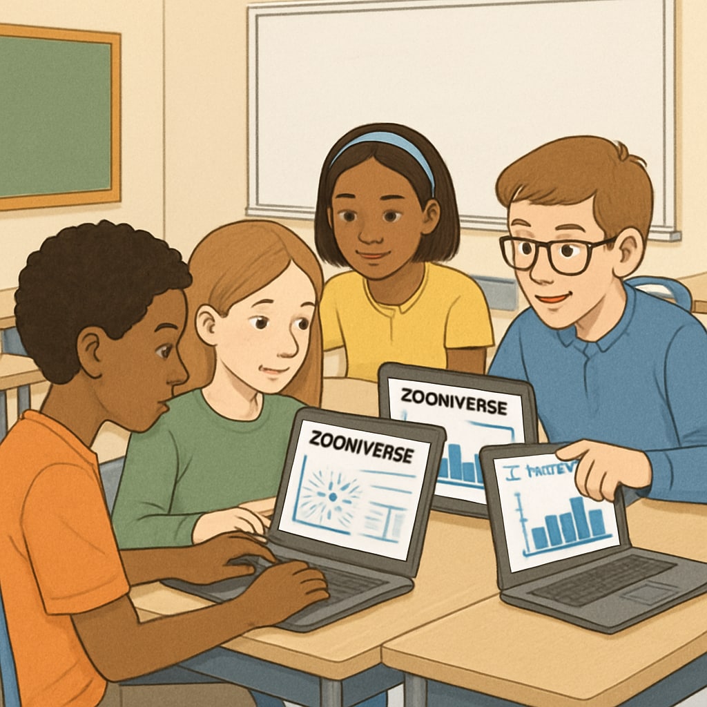 A group of K12 students analyzing data on Zooniverse through laptops in a classroom setting. K12 students collaborating on Zooniverse citizen science projects in the classroom.