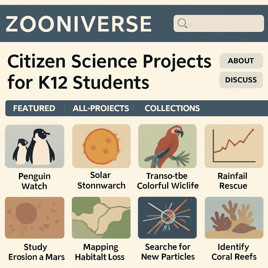 A screenshot of the Zooniverse platform showing various citizen science projects available for K12 students. Zooniverse interface displaying citizen science projects for K12 students.