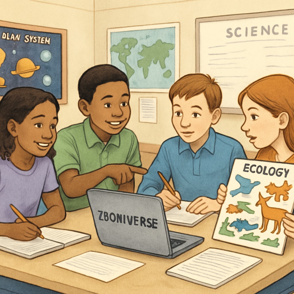 A group of K12 students discussing their findings from a Zooniverse ecology project. The image illustrates collaboration and critical thinking in action. Students collaborating on a Zooniverse ecology project