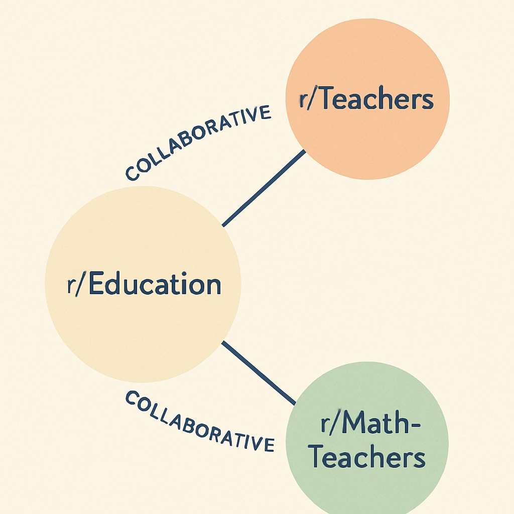 Diagram connecting Reddit education subreddits for collaboration and resource sharing.