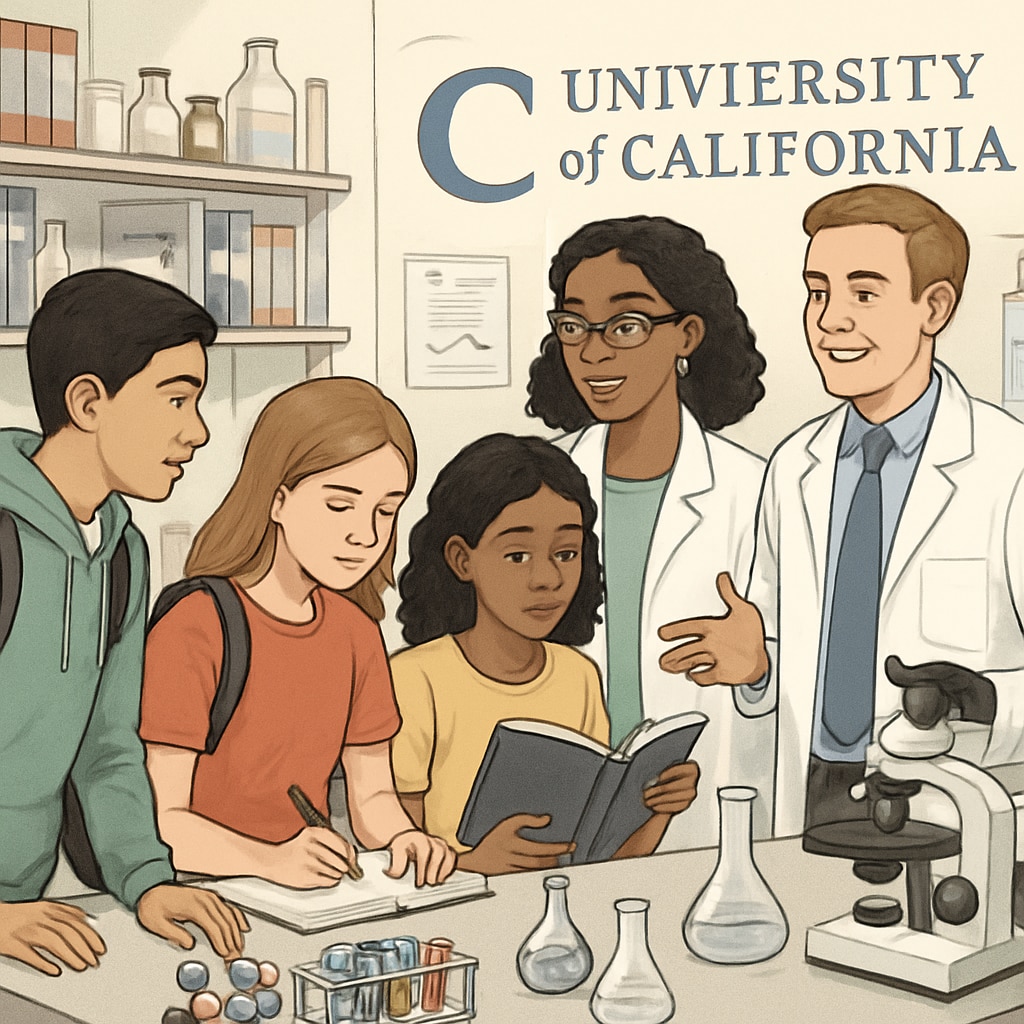 A group of high school students visiting a University of California research lab, engaging with faculty. High school students engaging with University of California faculty in a research lab