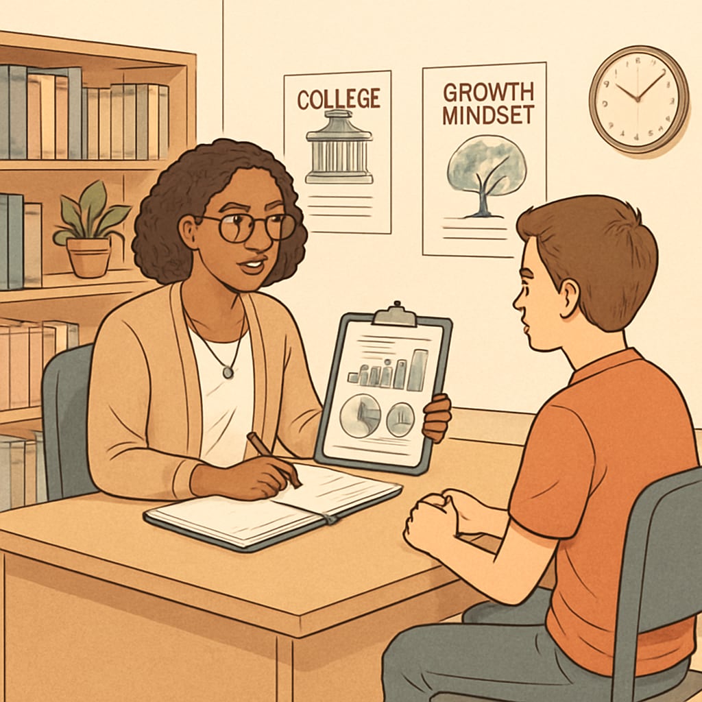 School counselor with student, comprehensive support systems for student success.