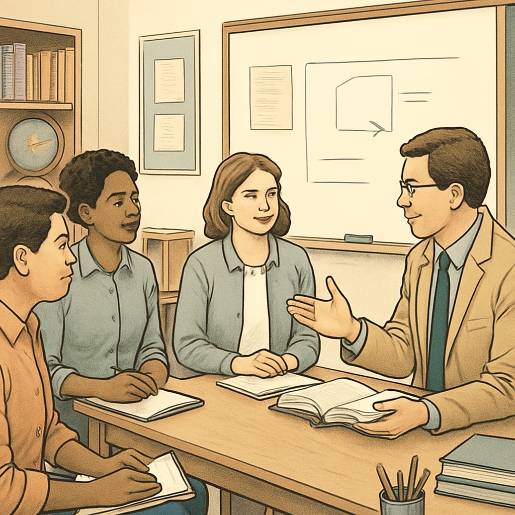 A university professor consulting with a group of K-12 teachers in a classroom environment. University of California professor consulting with K-12 teachers about educational strategies.