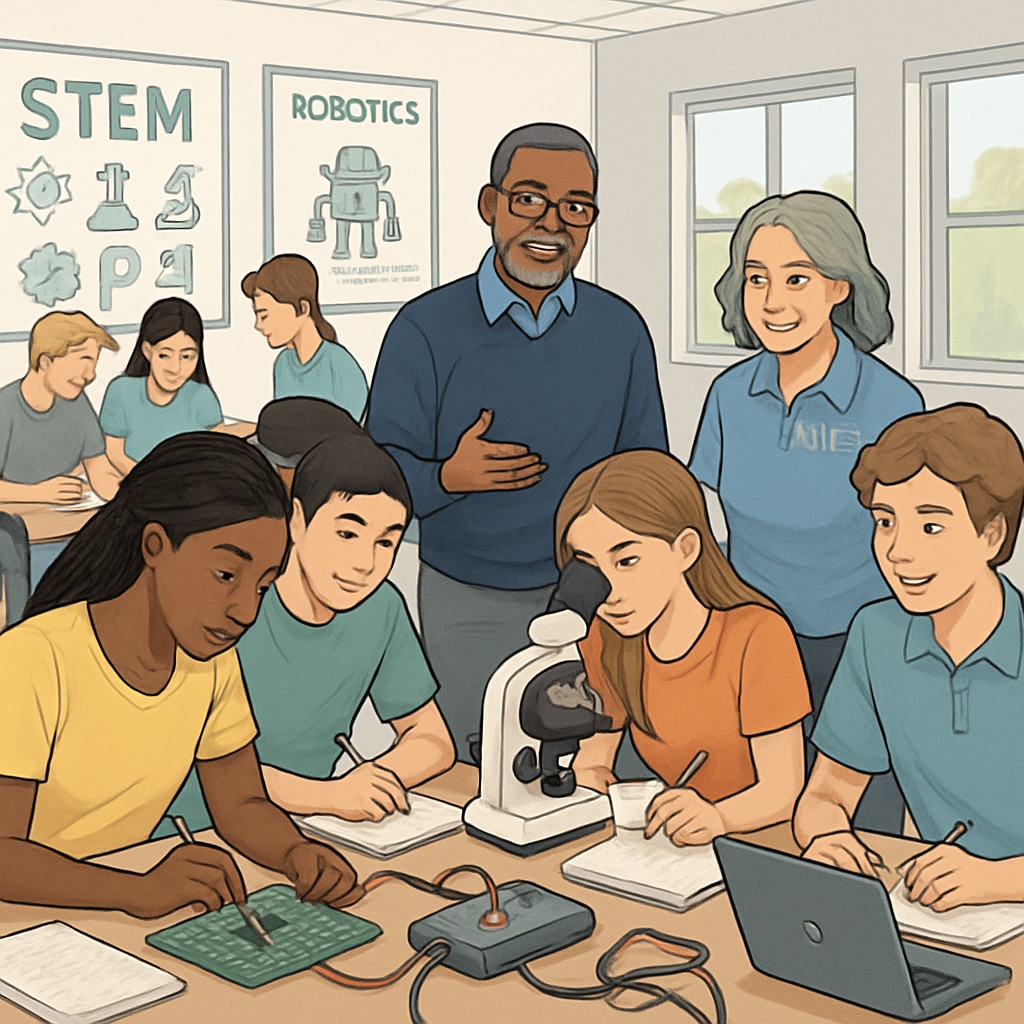 A group of high school students participating in a STEM workshop led by University of California faculty. University of California faculty leading a STEM workshop for high school students.