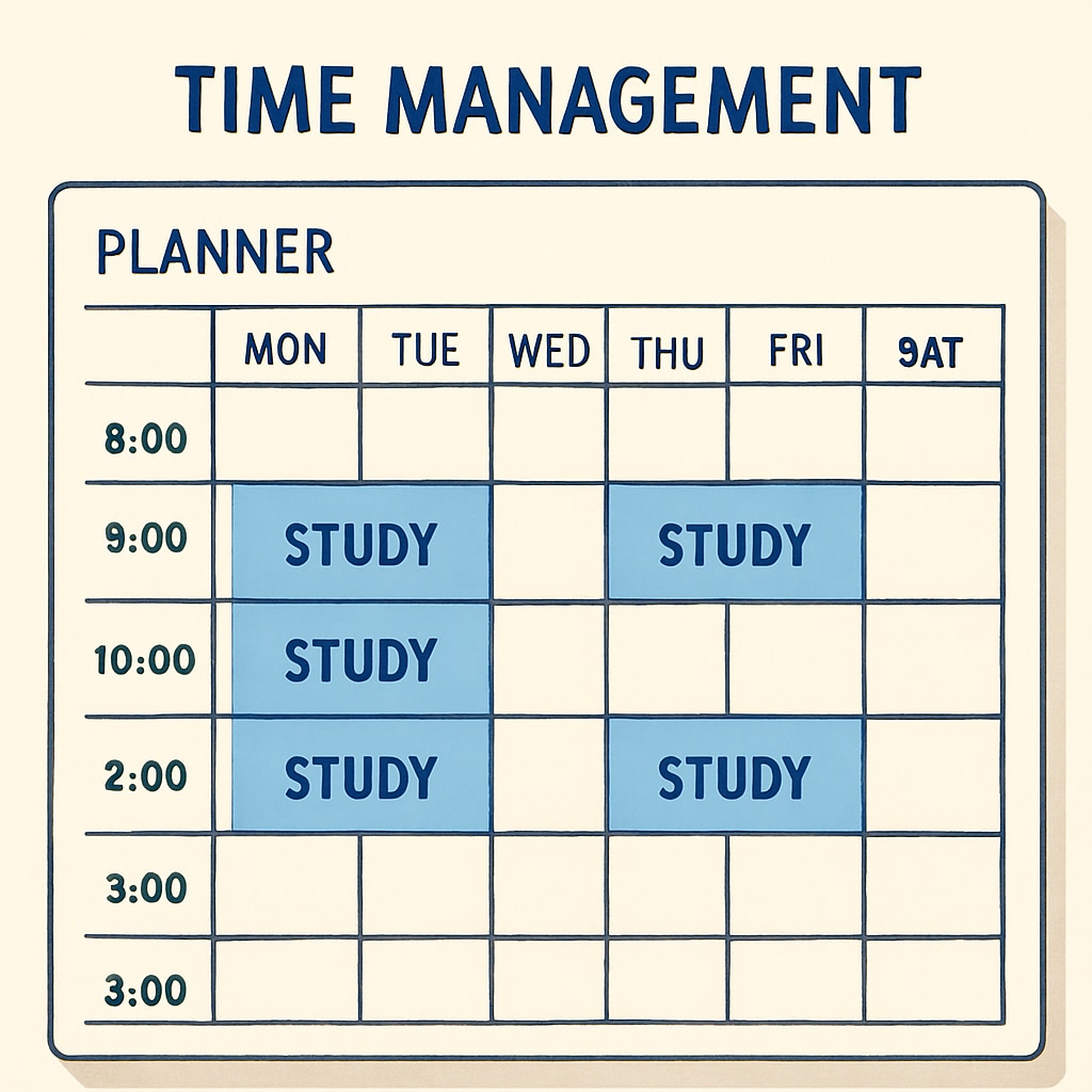 A planner or calendar with study blocks marked, showing effective time management. Planner showcasing effective time management strategies for physics study.