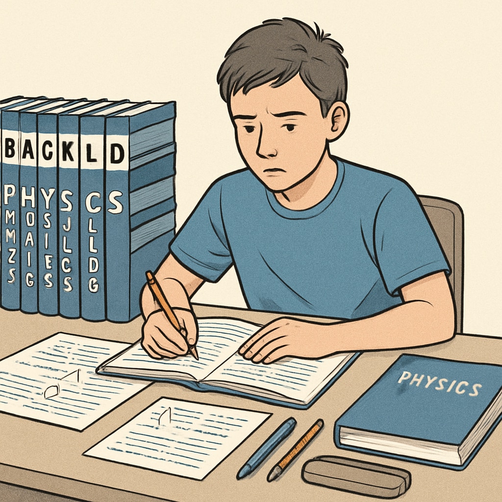 A student sitting at a desk surrounded by physics textbooks and notes, symbolizing the struggle of managing backlogs. A student struggling with BSc Physics backlogs, surrounded by books and notes.