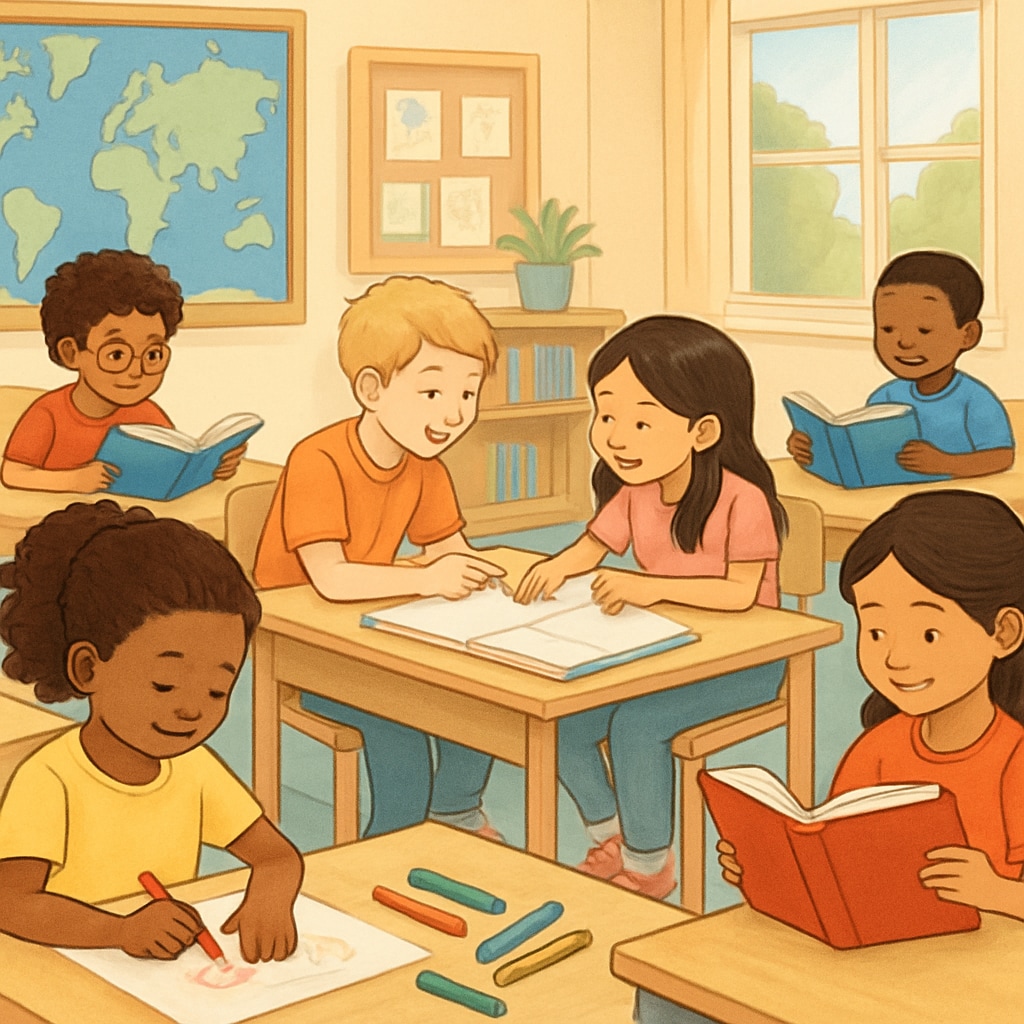 First graders in a classroom demonstrating age-appropriate learning and diversity.