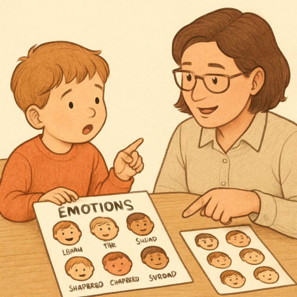 Parent teaching a child emotional education using illustrated emotion charts.
