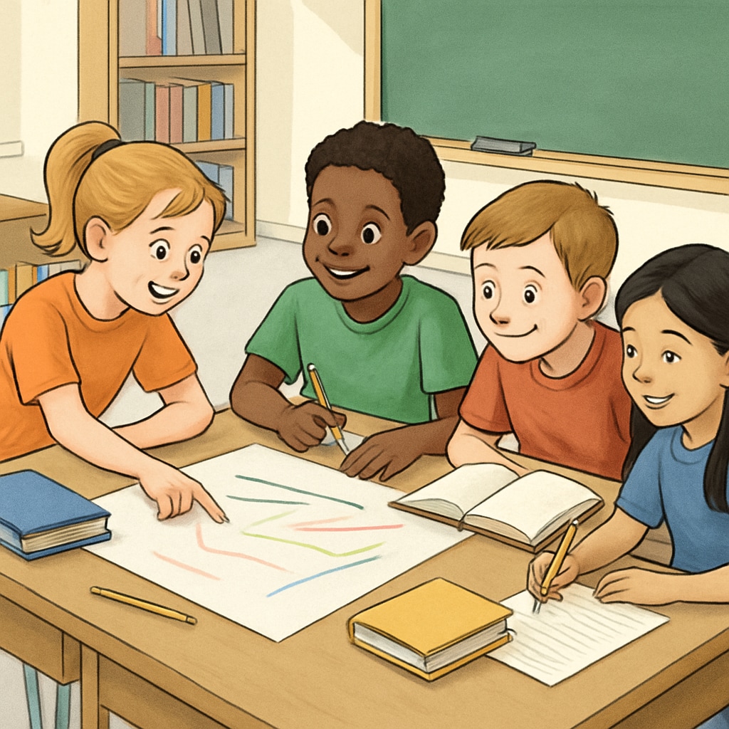 A group of elementary school students engaging in a collaborative classroom activity, showcasing teamwork and active learning. Elementary school students collaborating in a classroom activity, demonstrating engagement and teamwork.