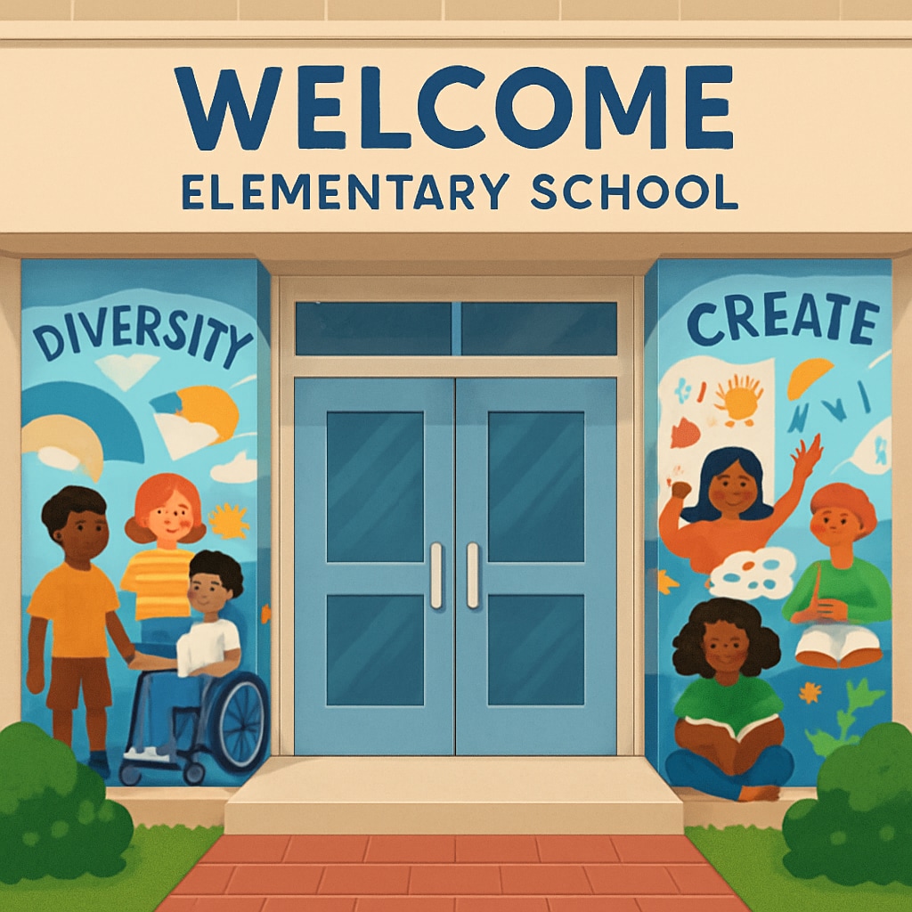 A welcoming elementary school entrance with colorful murals, emphasizing inclusivity and creativity. Elementary school entrance with colorful murals, representing inclusivity and creativity.